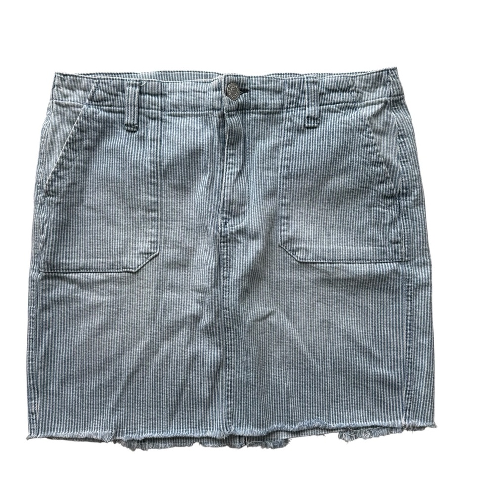 Seven7 Utility Denim Jean Skirt Mini Light Blue Stripe Size 10 Raw Fray hem